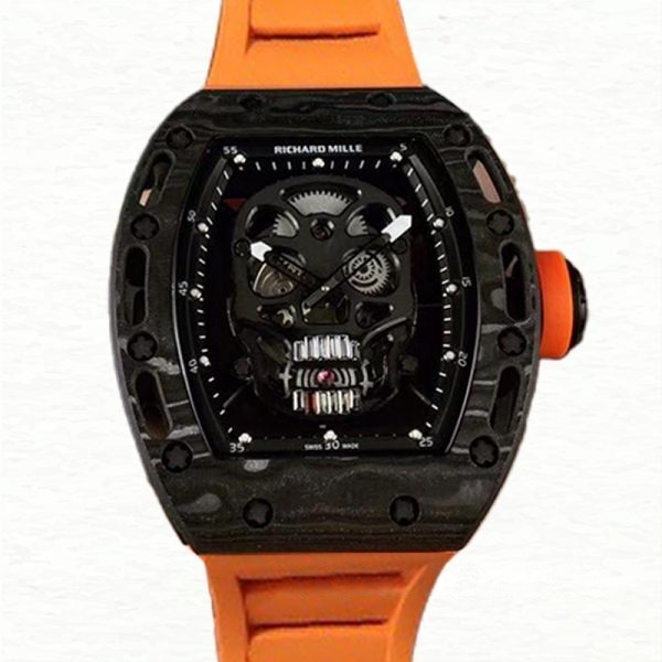 Richard Mille Super Clone RM052 Mechanical Men Black Skull Dial Rubber Band