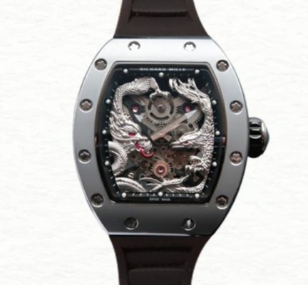 Richard Mille Super Clone RM57-01 Mechanical Men Stainless Steel Silver Dragon and Phoenix Dial Rubber Band
